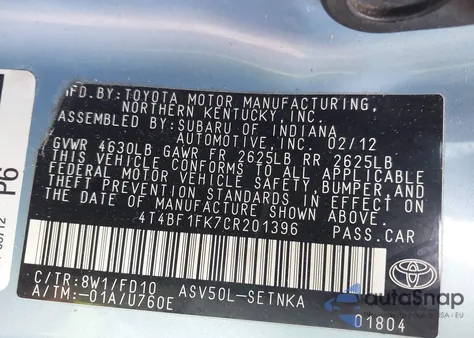 2012 Toyota Camry Le из США, поврежденный, VIN 4T4BF1FK7CR201396